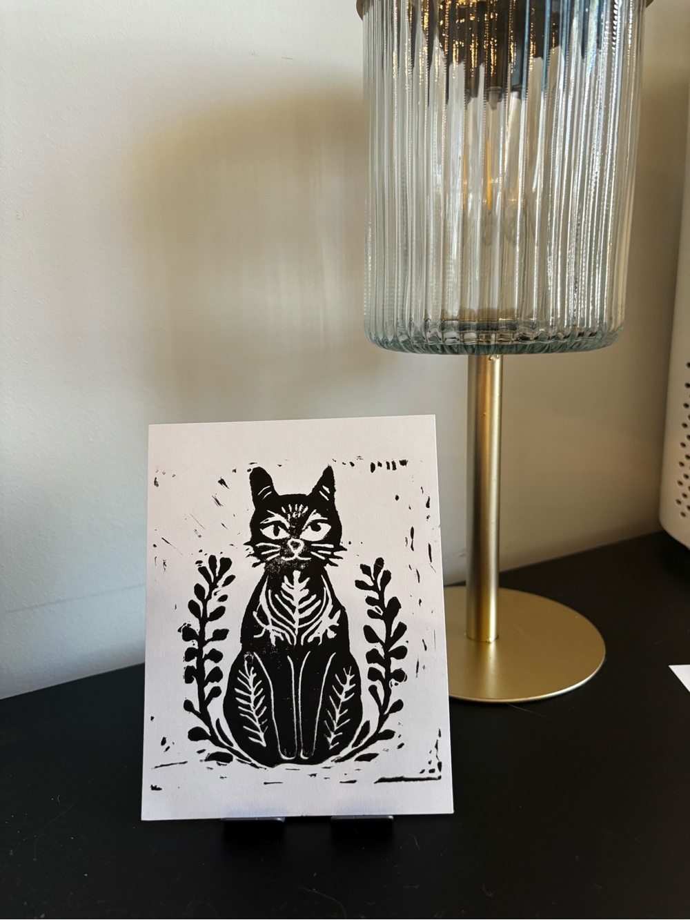 Handmade Lincocut Card - Floral Cat Design